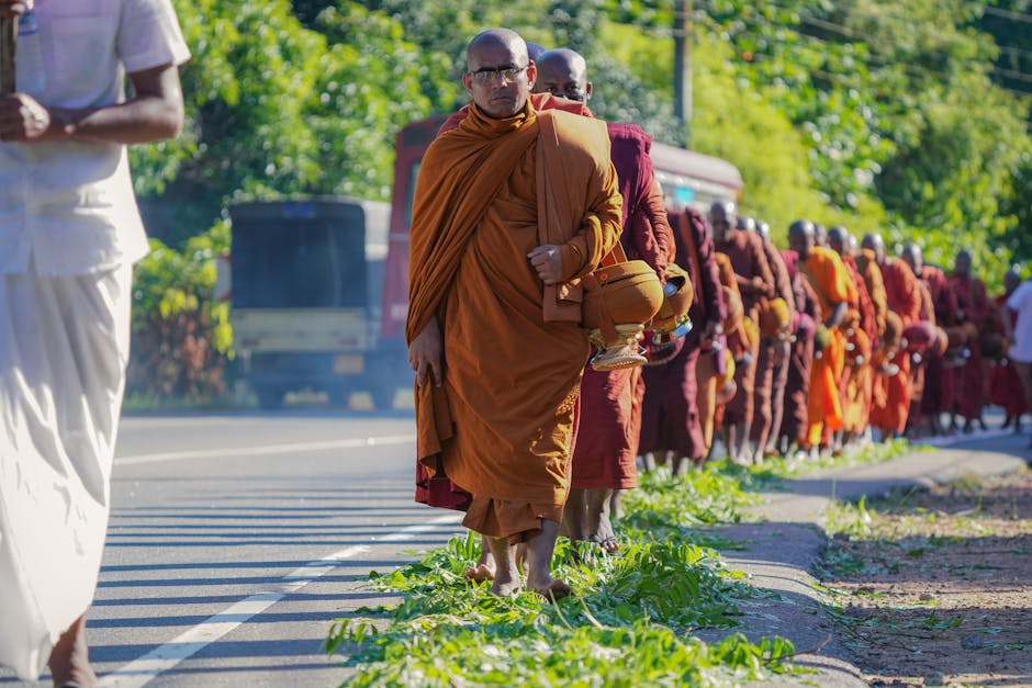 A line of Buddhist monks in orange robes walking barefoot during a pilgrimage on a sunny day in Sri Lanka.