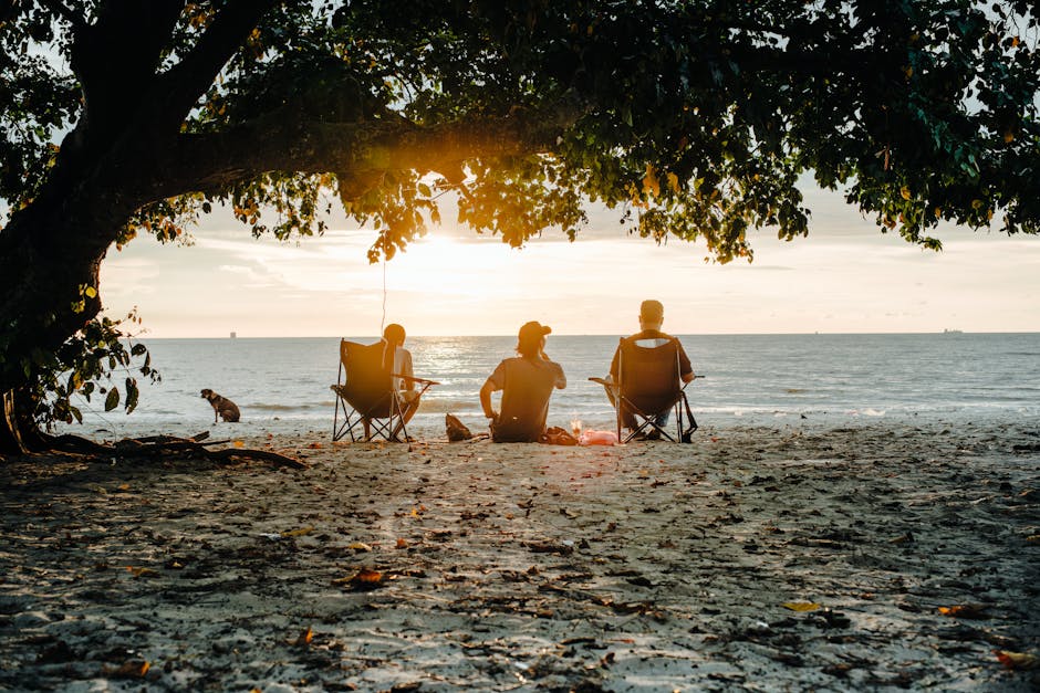 Three friends enjoy a serene sunset on Banting Beach, seated under a tree with a dog nearby.