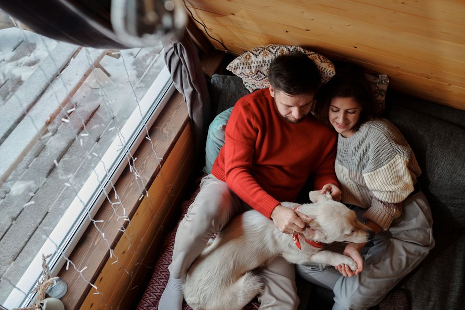 A couple enjoys a cozy moment indoors with their dog during winter.