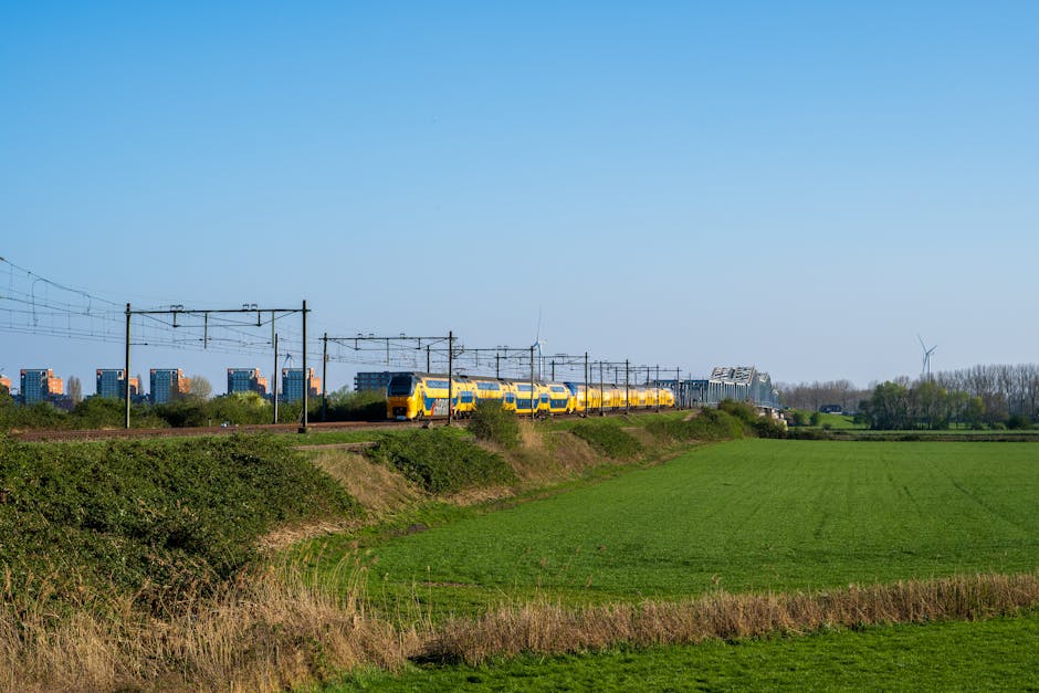 Yellow train crossing a rural area with green fields and distant city buildings under a clear blue sky.